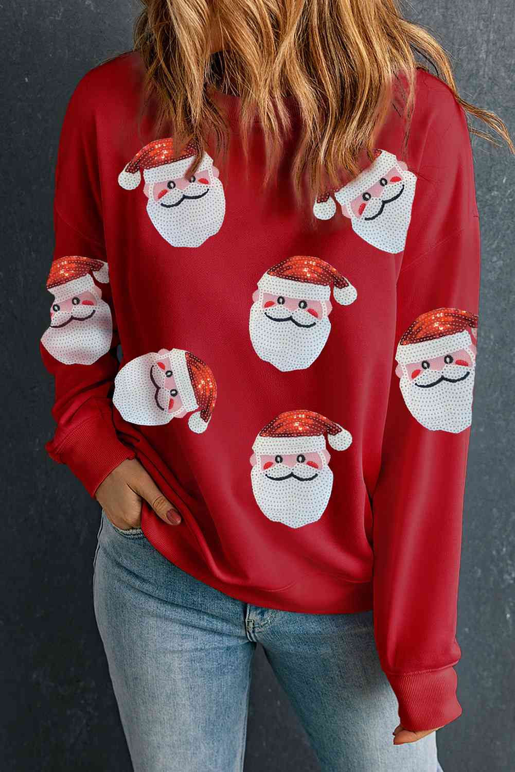 Sequin Santa Patch Round Neck Sweatshirt Trendsi