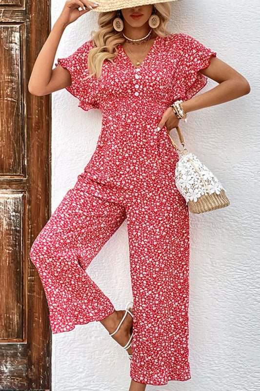 Printed Tie Back Ruffled Jumpsuit Trendsi