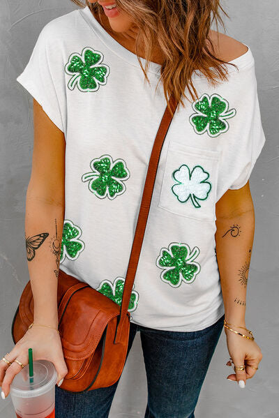 Sequin Lucky Clover Boat Neck T-Shirt Trendsi
