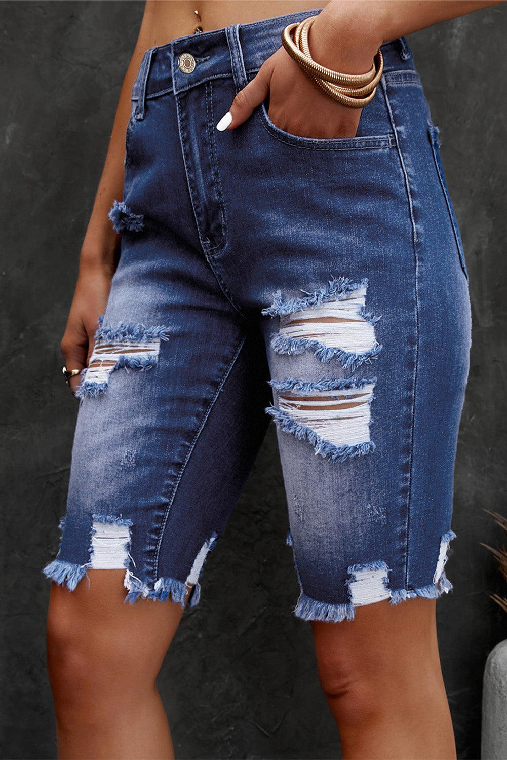 Distressed Frayed Hem Denim Bermuda Shorts Trendsi