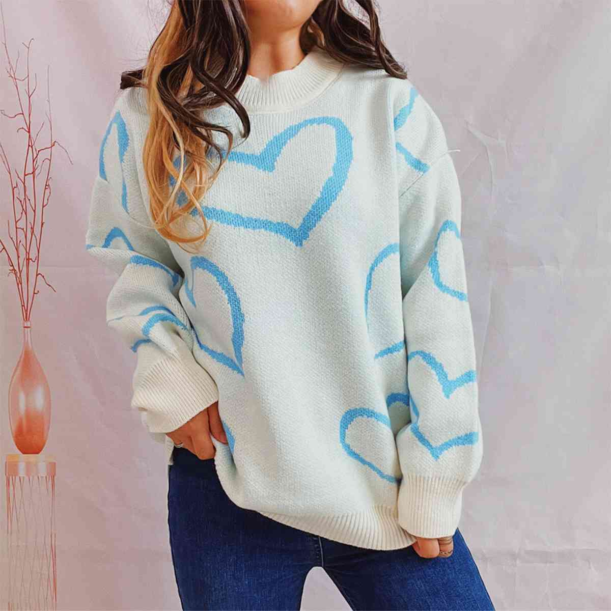 Heart Pattern Long Sleeve Sweater Trendsi