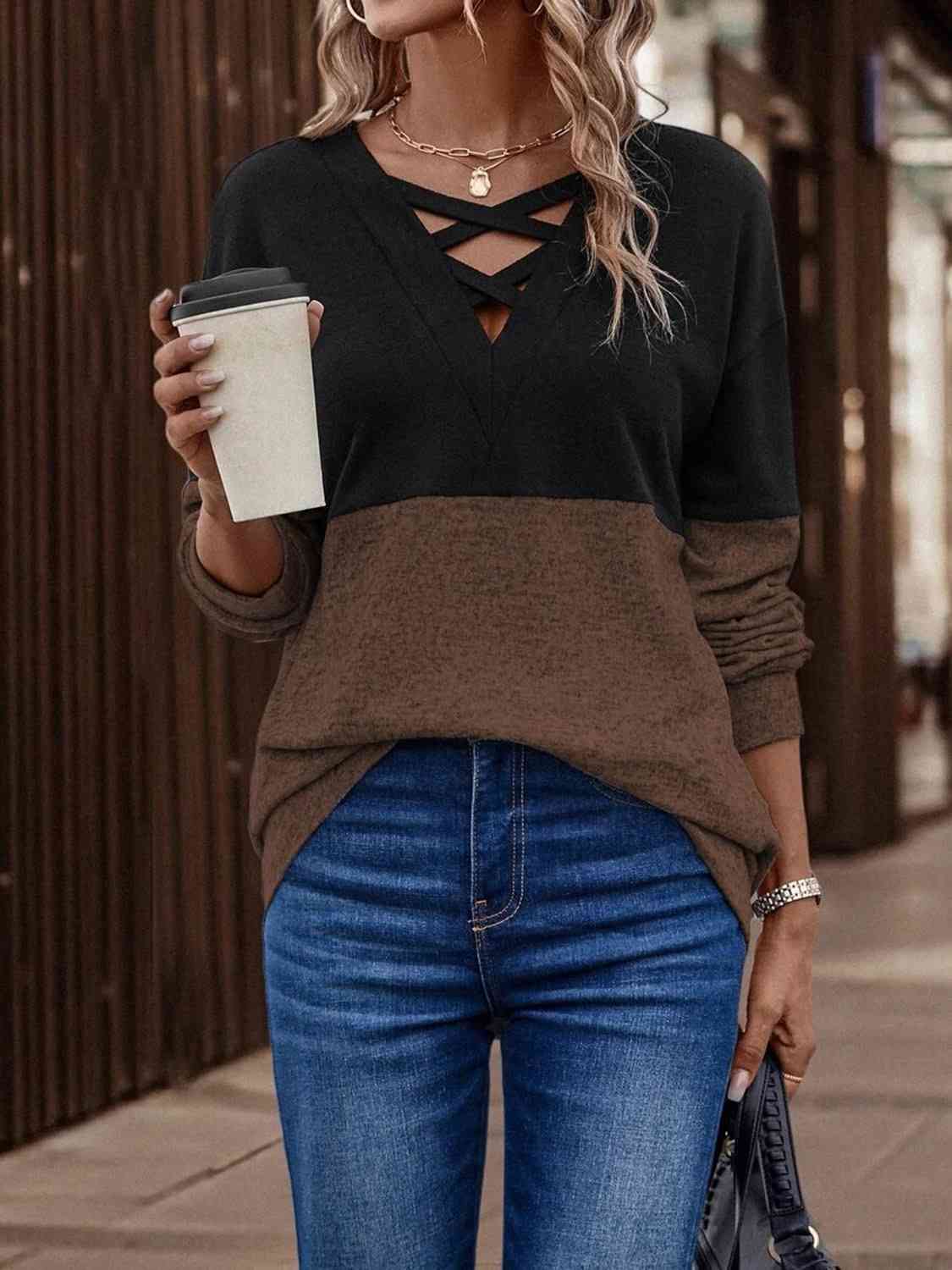 Two-Tone Crisscross Detail Sweatshirt Trendsi