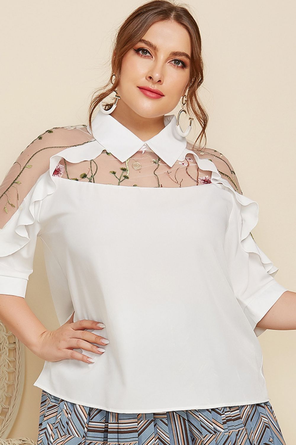 Plus Size Embroidered Ruffle Trim Collared Half Sleeve Blouse Trendsi