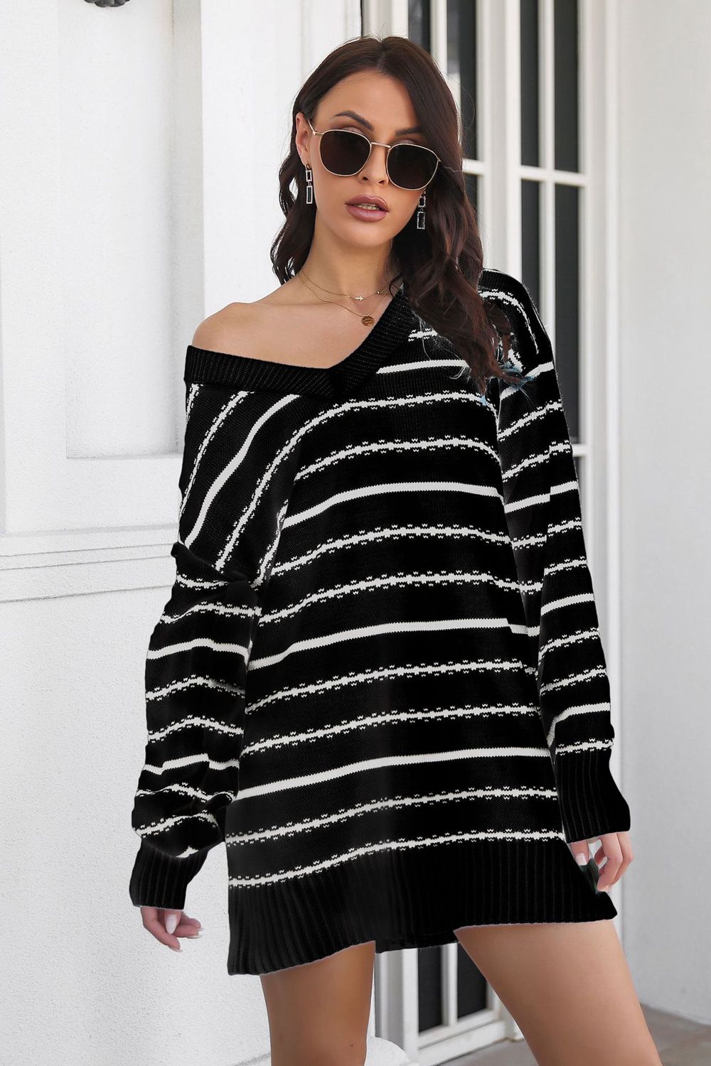 Striped V-Neck Sweater Dress Trendsi