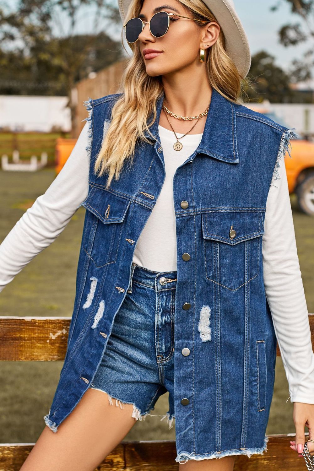 Sleeveless Button-Up Collared Denim Top with Pockets Trendsi