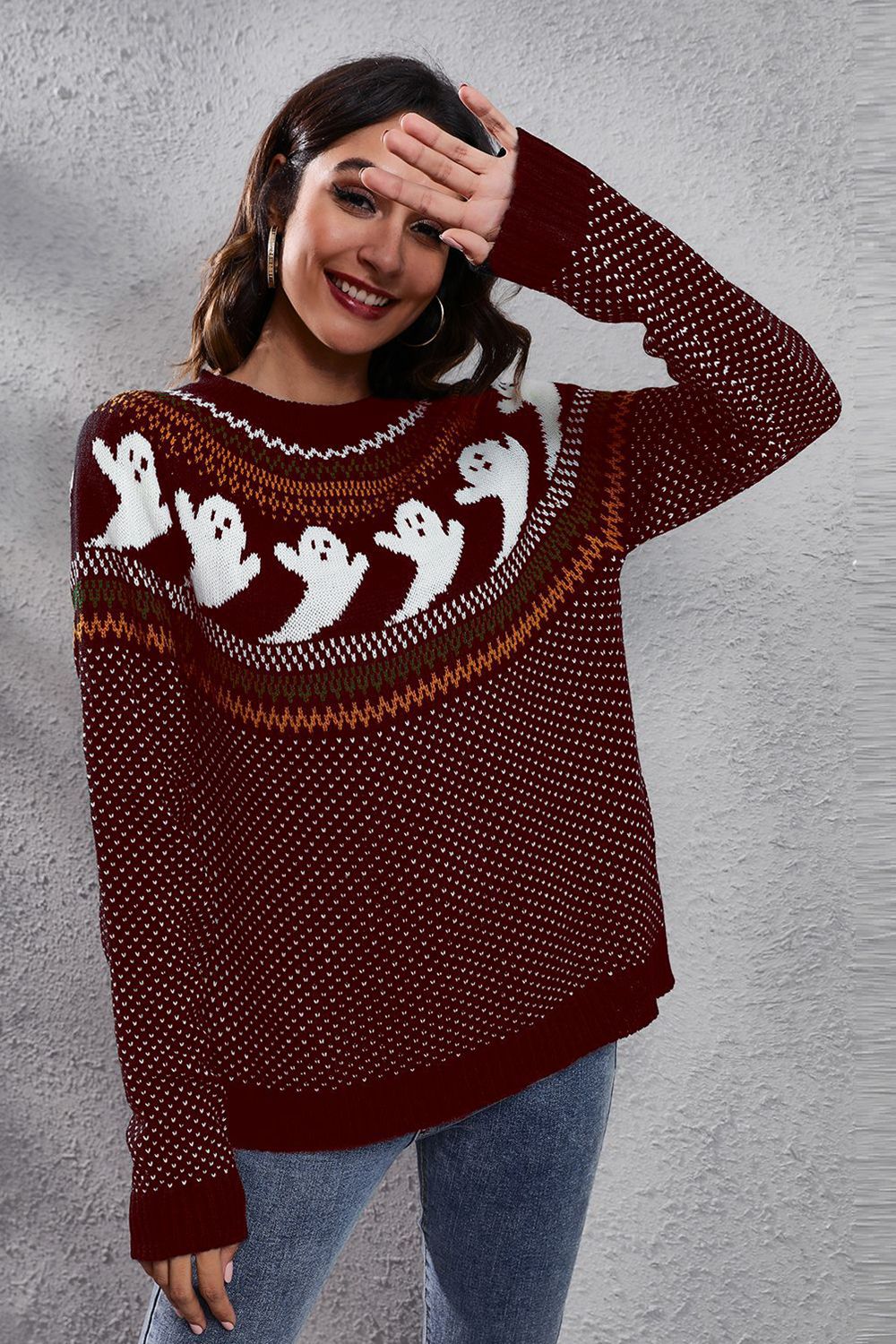Ghost Pattern Round Neck Long Sleeve Sweater Trendsi