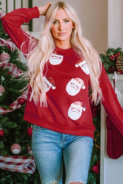 Sequin Santa Patch Round Neck Sweatshirt Trendsi