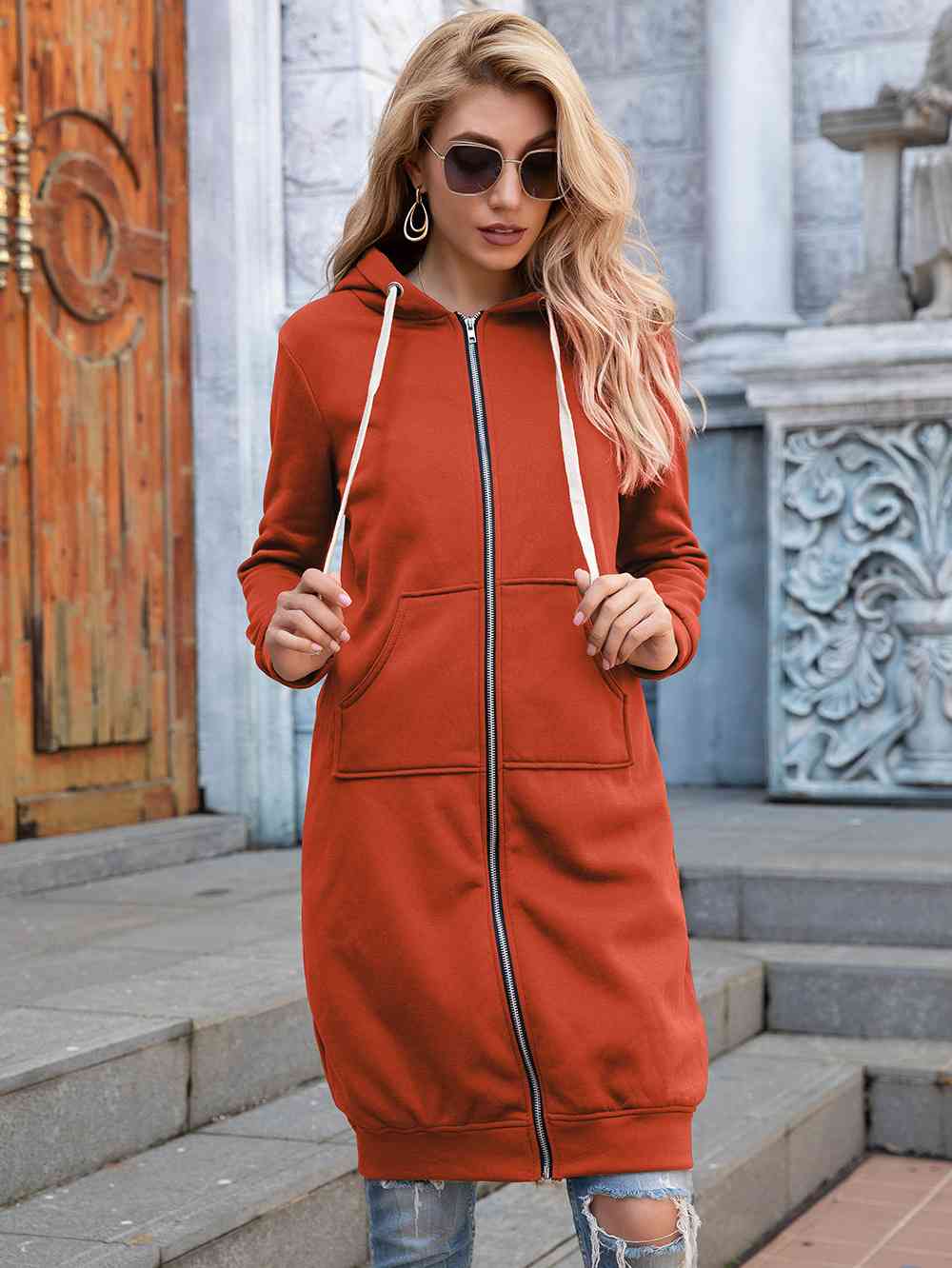 Full Size Zip-Up Longline Hoodie with Pockets Trendsi