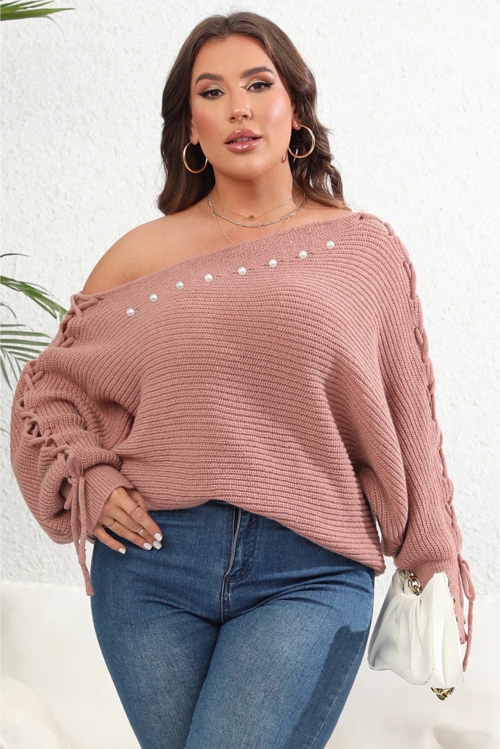 Plus Size One Shoulder Beaded Sweater Trendsi