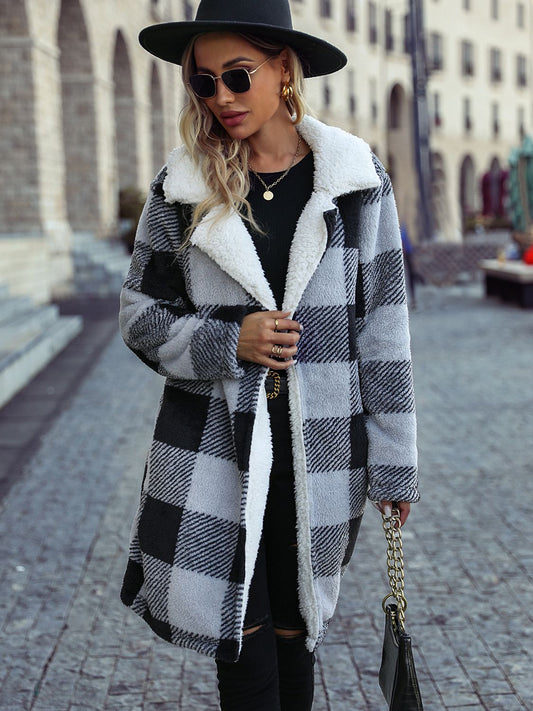 Plaid Open Front Coat with Pockets Trendsi