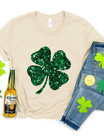 Lucky Clover Sequin Round Neck T-Shirt Trendsi