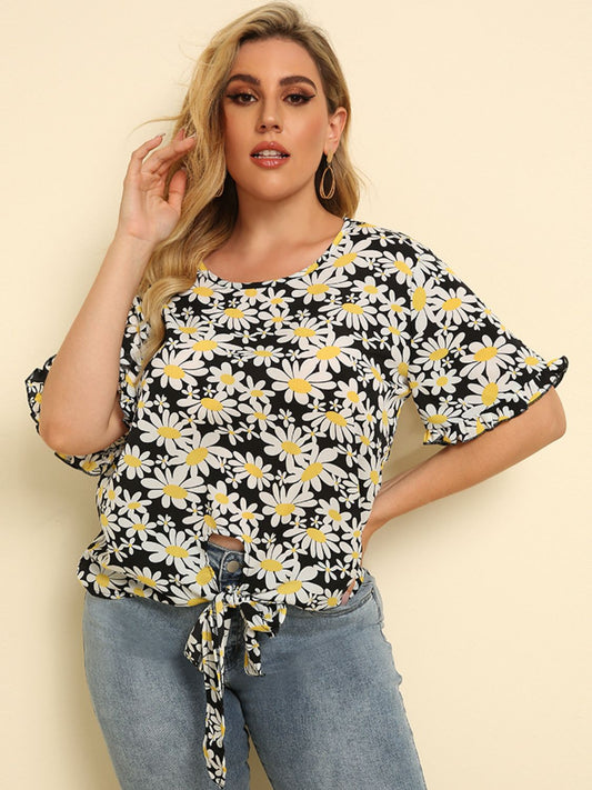 Plus Size Floral Round Neck Tie Hem Blouse Trendsi