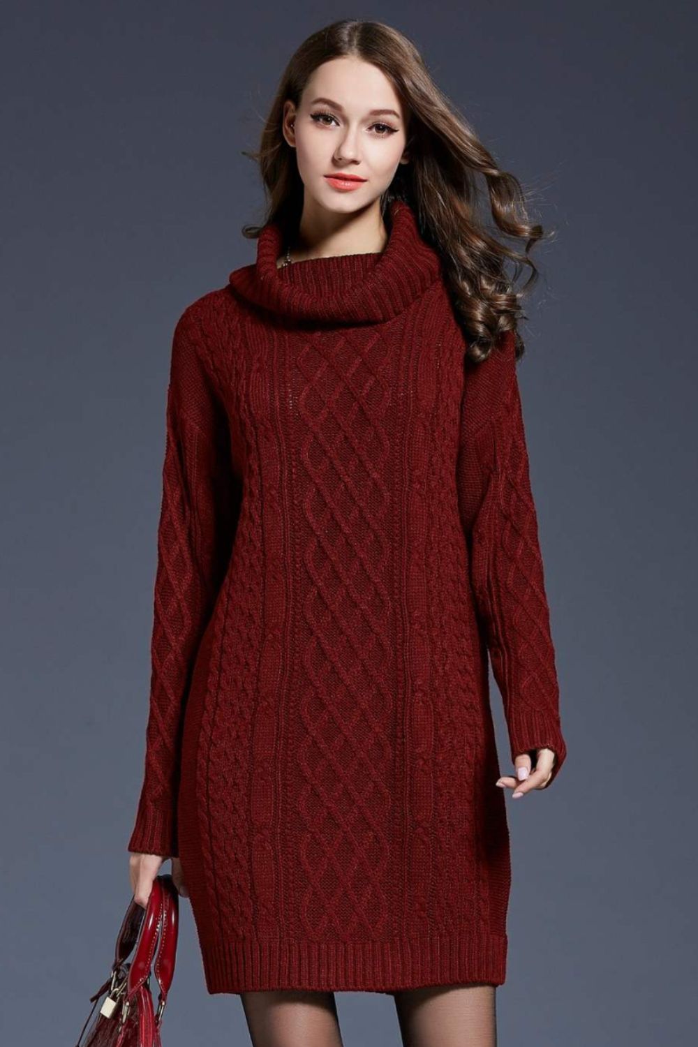 Woven Right Full Size Mixed Knit Cowl Neck Dropped Shoulder Sweater Dress Trendsi