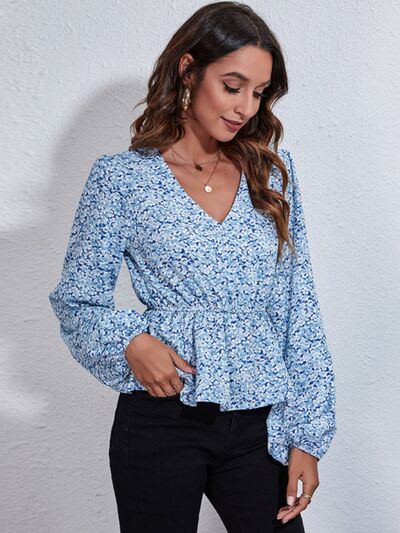 Floral V-Neck Balloon Sleeve Peplum Blouse Trendsi
