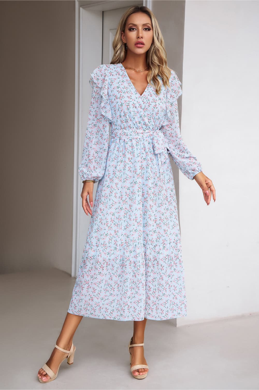 Surplice Neck Balloon Sleeve Midi Dress Trendsi