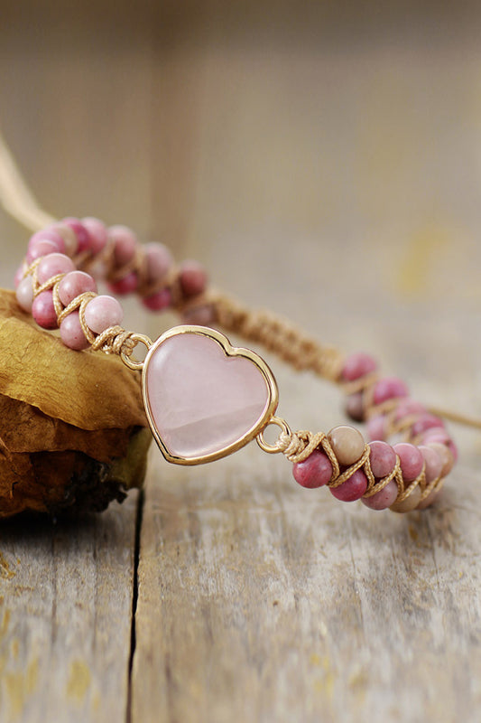 Rose Quartz Heart Beaded Bracelet Trendsi