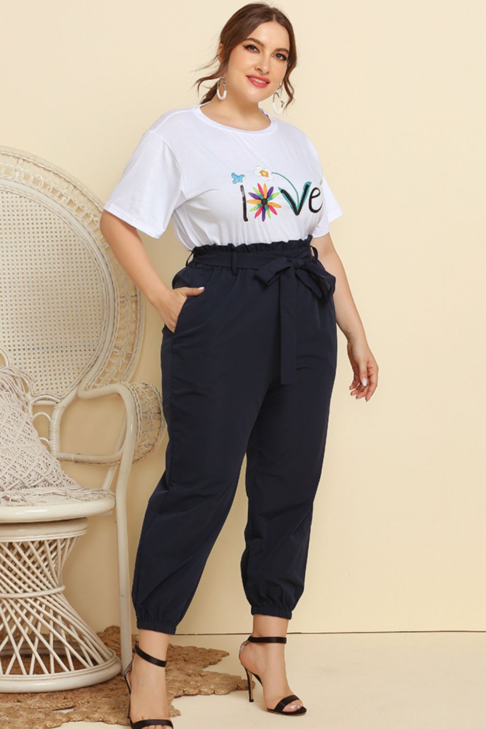 Graphic Tee and Belted Paperbag Joggers Set Trendsi