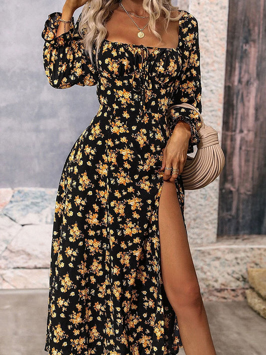Square Neck Printed Slit Dress Trendsi