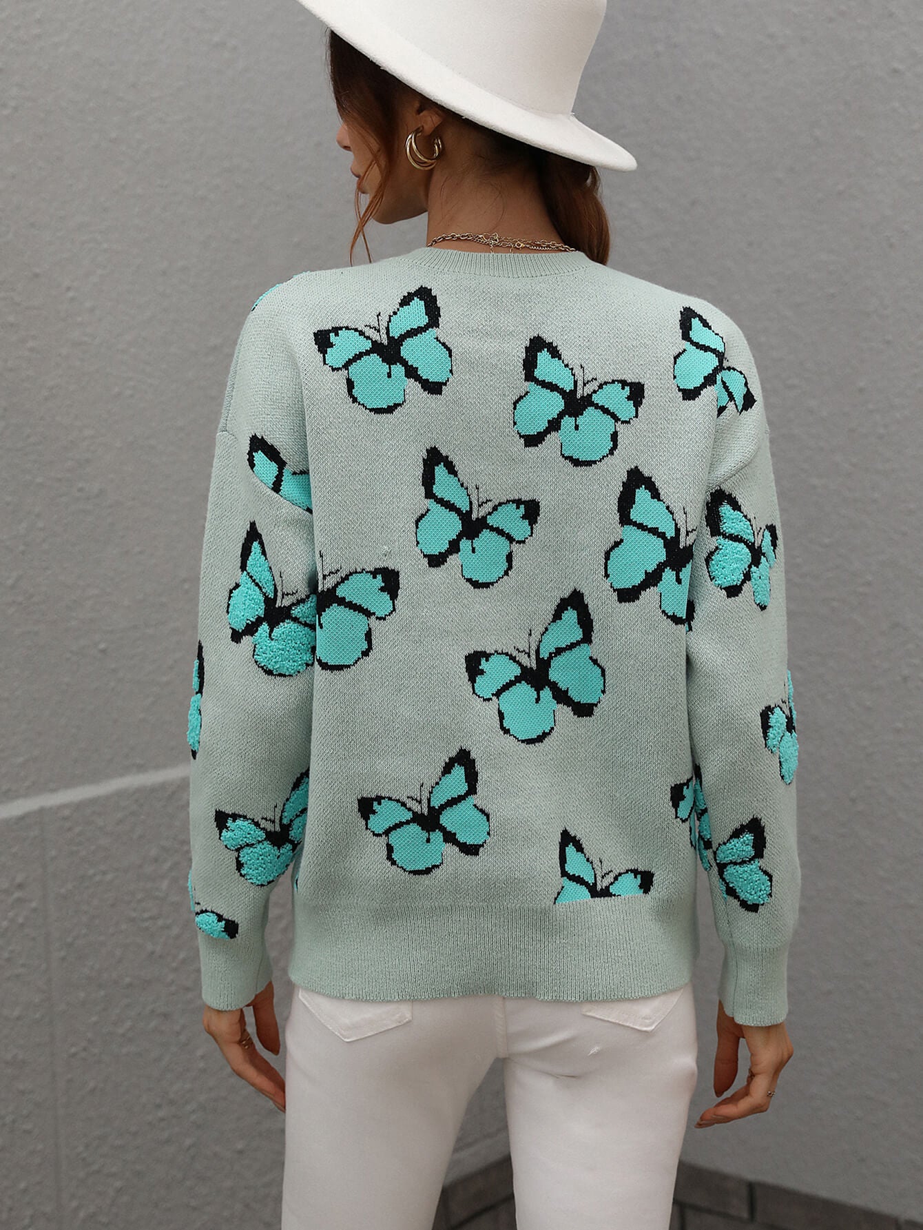 Woven Right Butterfly Dropped Shoulder Crewneck Sweater Trendsi