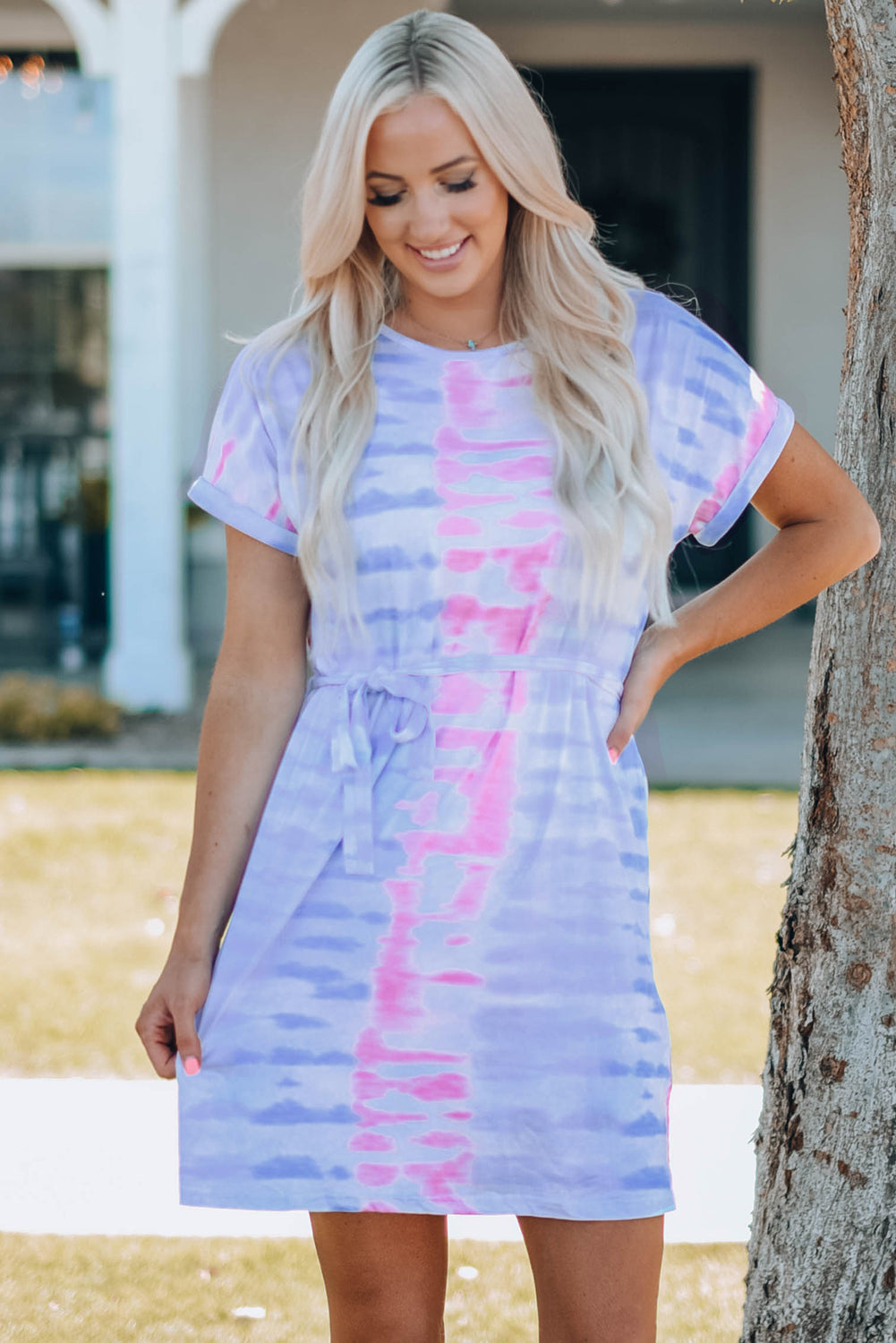 Women Tie-Dye Belted T-Shirt Dress Trendsi