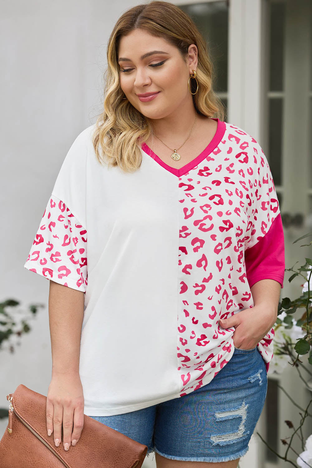 Plus Size Leopard V-Neck T-Shirt Trendsi