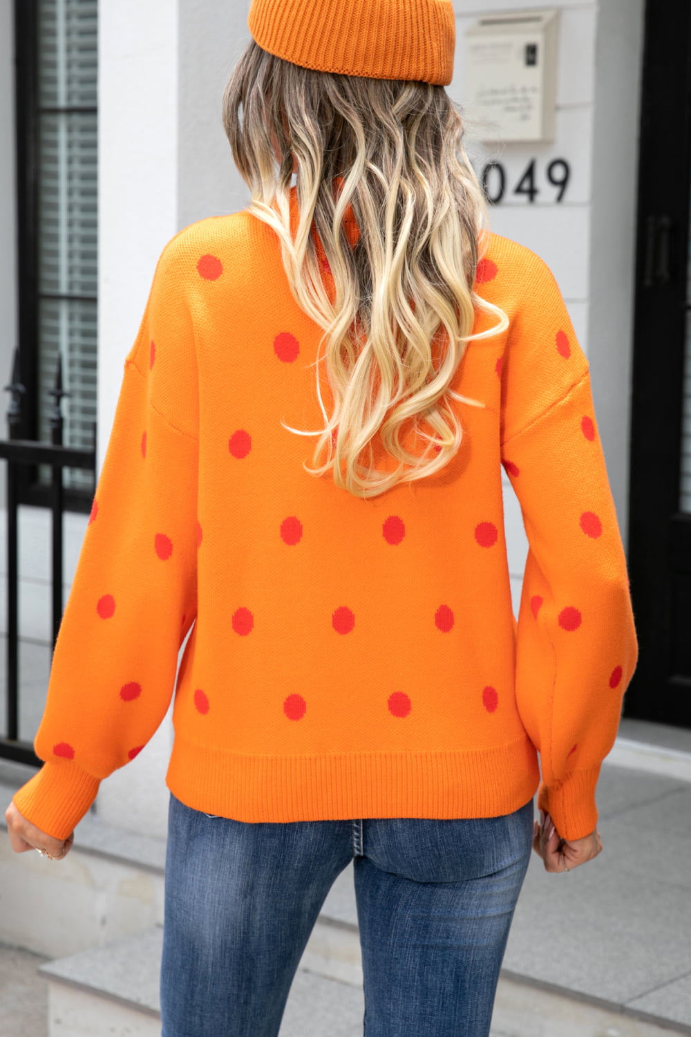 Woven Right Polka Dot Round Neck Dropped Shoulder Sweater Trendsi