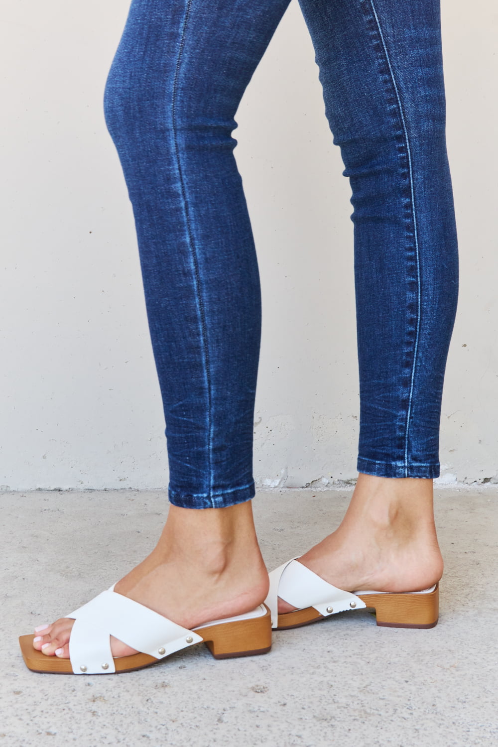 Weeboo Step Into Summer Criss Cross Wooden Clog Mule in White Trendsi