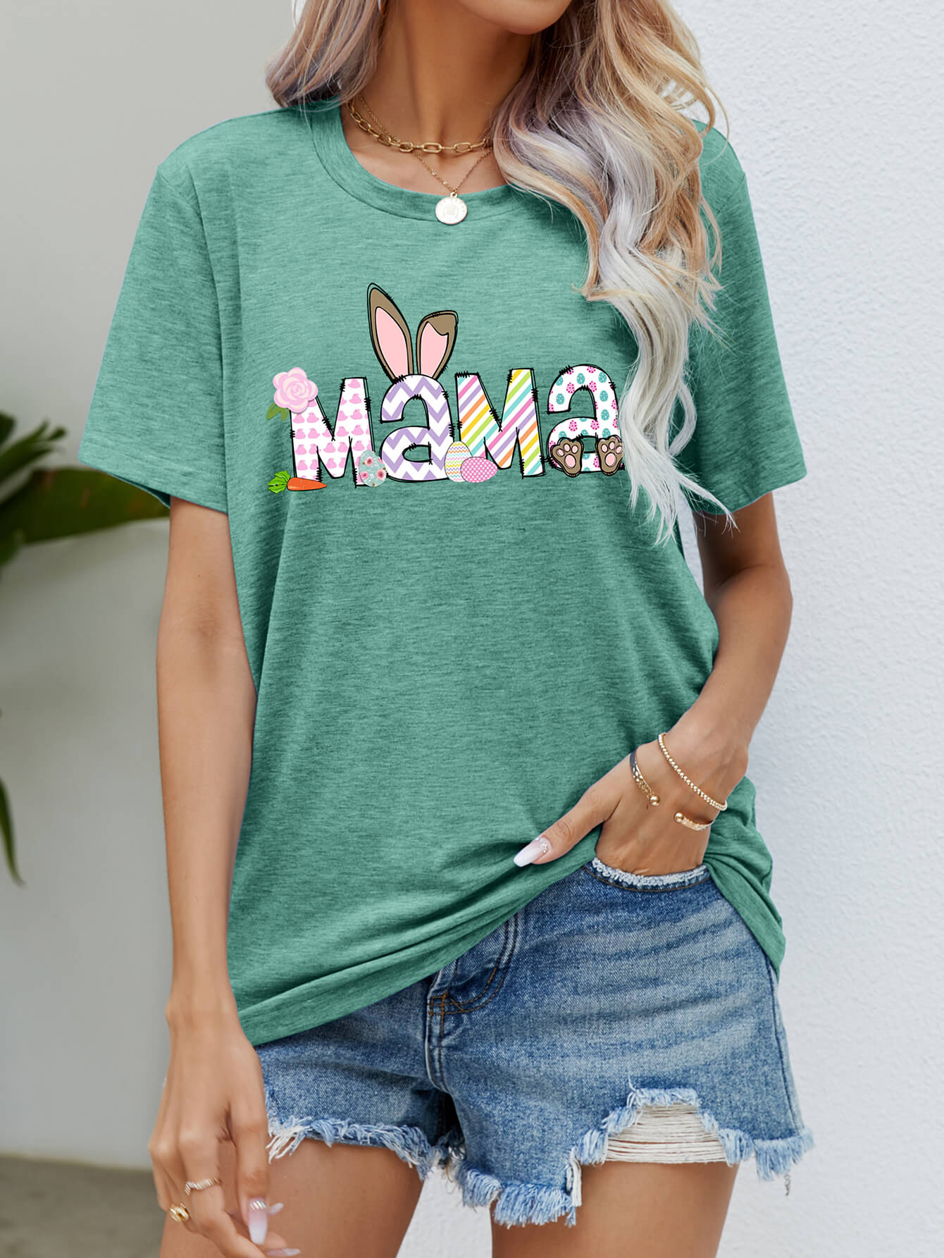 Easter MAMA Graphic Round Neck T-Shirt Trendsi