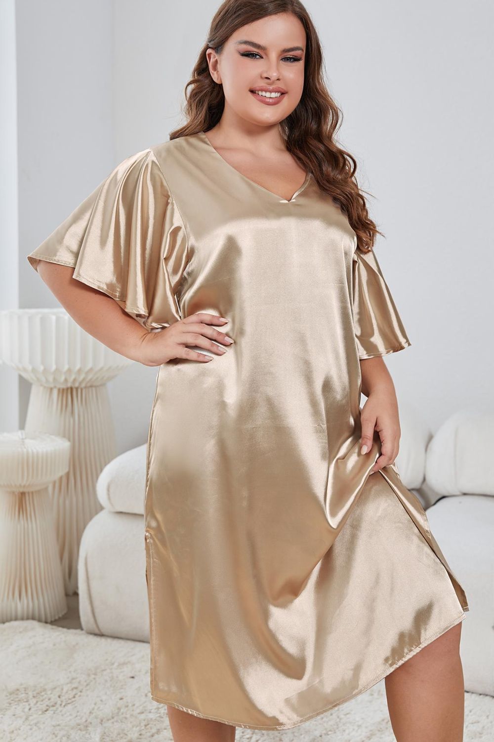 Plus Size Flutter Sleeve V-Neck Side Slit Night Gown Trendsi