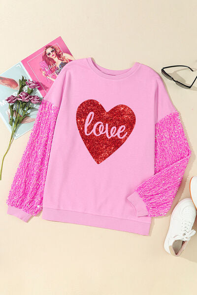 LOVE Heart Sequin Dropped Shoulder Sweatshirt Trendsi