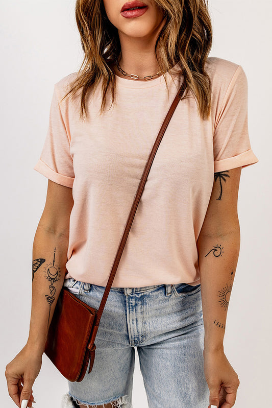 Round Neck Cuffed Short Sleeve Tee Trendsi