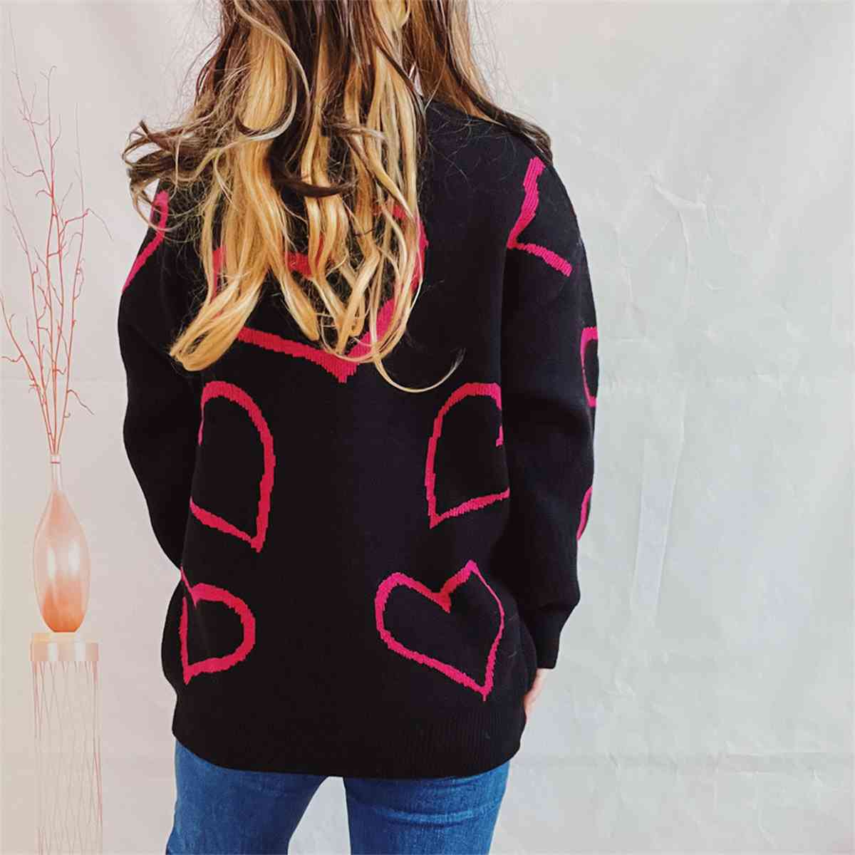 Heart Pattern Long Sleeve Sweater Trendsi