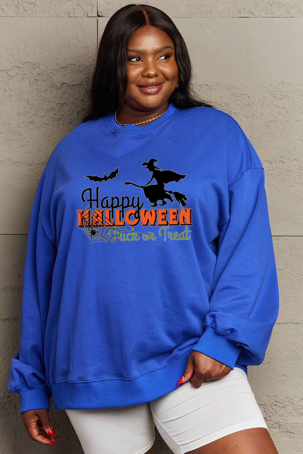 Simply Love Full Size HAPPY HALLOWEEN TRICK OR TREAT Graphic Sweatshirt Trendsi