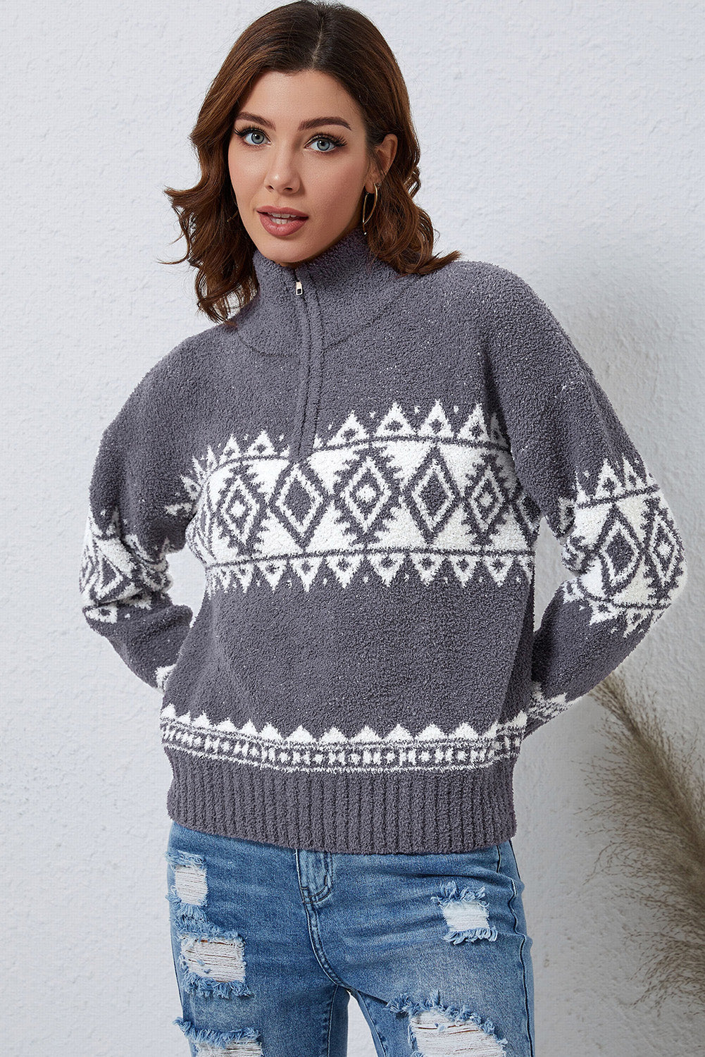 Zip-Up Geometrical Pattern Pullover Sweater Trendsi