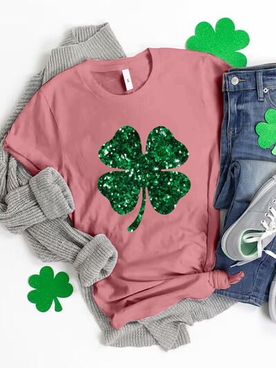 Lucky Clover Sequin Round Neck T-Shirt Trendsi