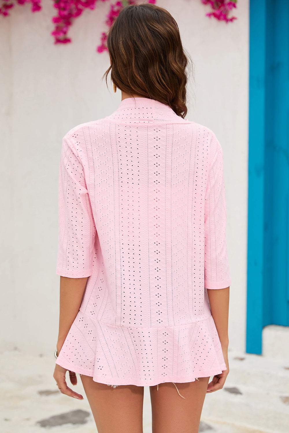 Eyelet Open Front Cardigan Trendsi
