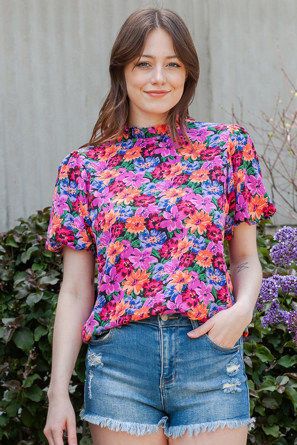 Floral Print Puff Sleeve Round Neck Blouse Trendsi