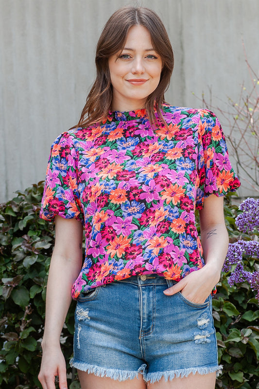 Floral Print Puff Sleeve Round Neck Blouse Trendsi