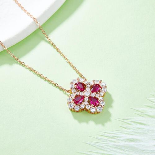 Lab-Grown Ruby 925 Sterling Silver Flower Shape Necklace Trendsi