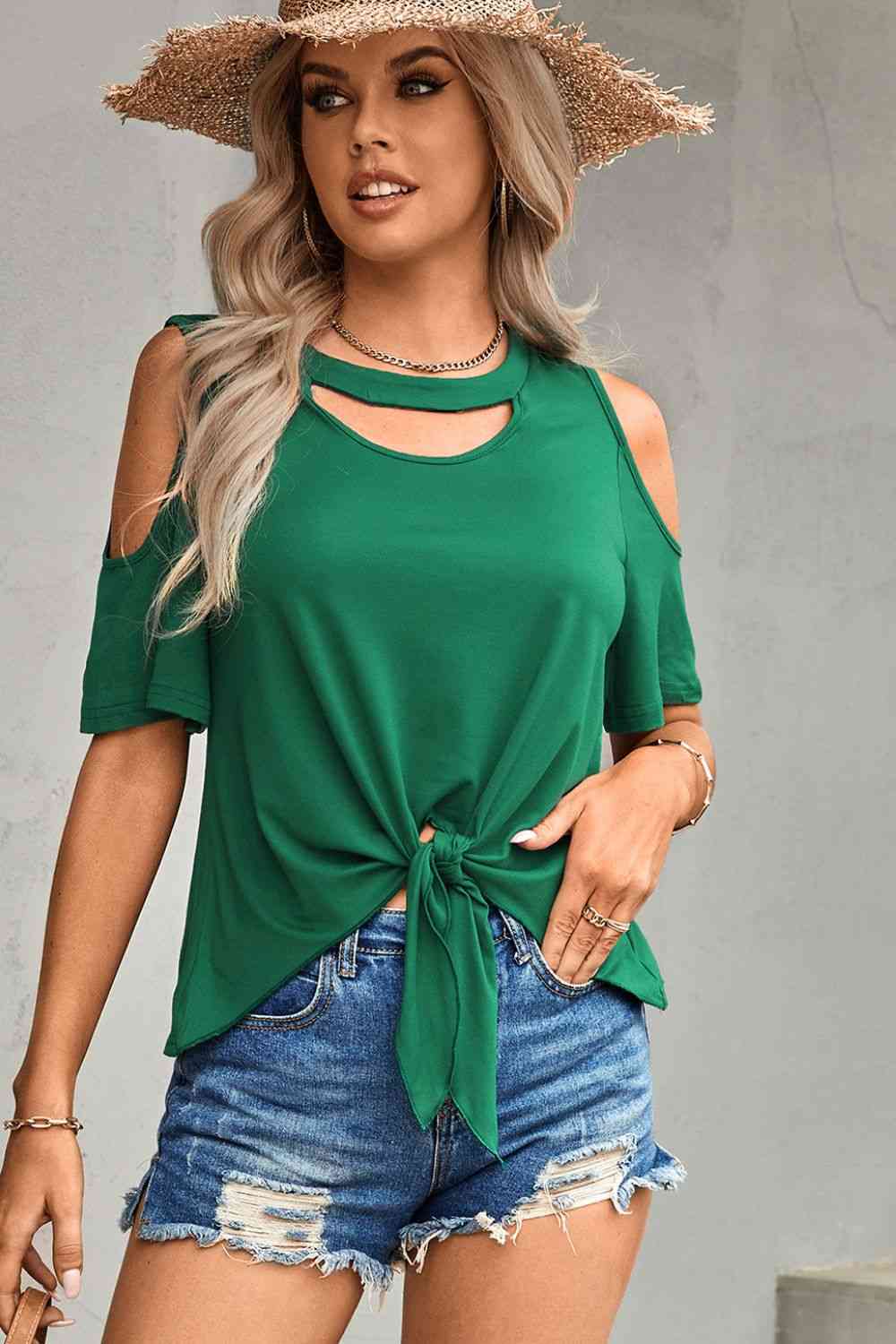 Tied Cutout Cold-Shoulder Top Trendsi