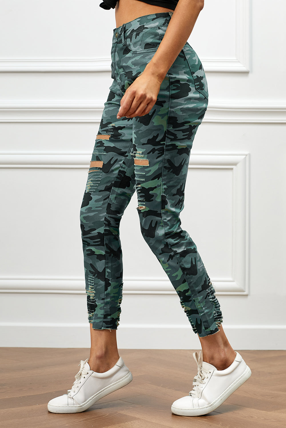 Baeful Distressed Camouflage Jeans Trendsi