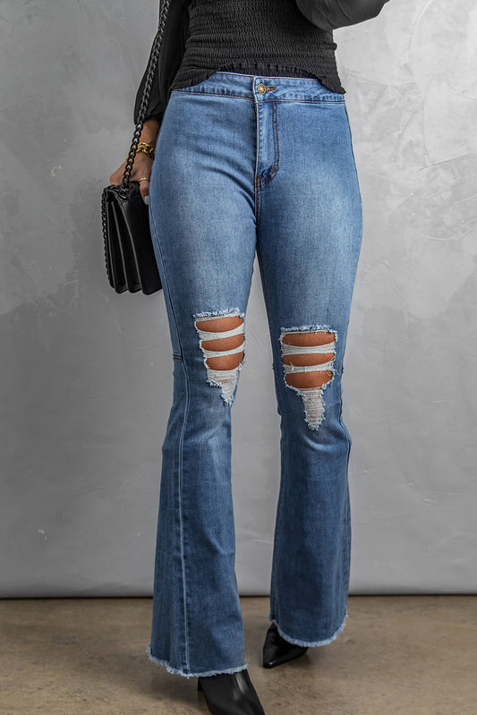 Baeful Distressed Raw Hem High-Waist Flare Jeans Trendsi