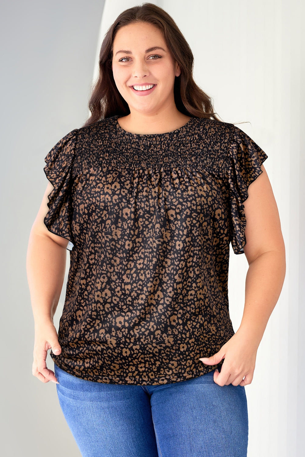 Plus Size Printed Smocked Butterfly Sleeve Blouse Trendsi