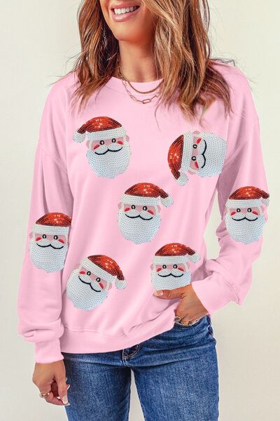 Sequin Santa Patch Round Neck Sweatshirt Trendsi