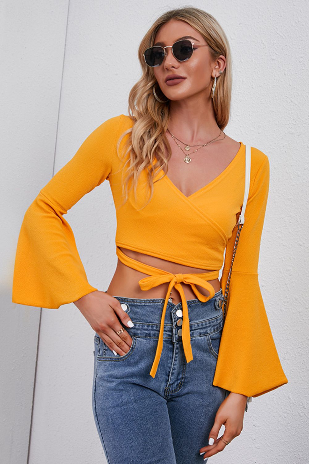 Tie Front Flare Sleeve Cropped Top Trendsi