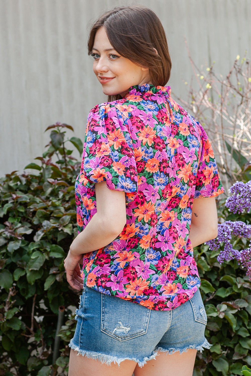 Floral Print Puff Sleeve Round Neck Blouse Trendsi