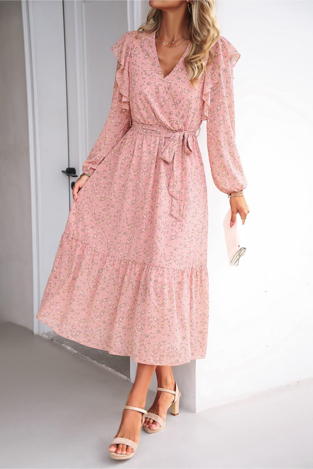 Surplice Neck Balloon Sleeve Midi Dress Trendsi