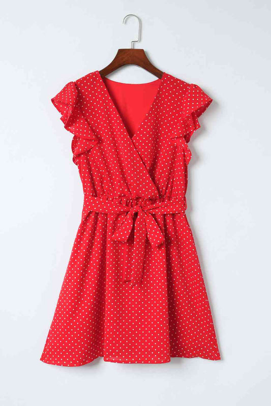 Polka Dot Surplice Neck Tie Waist Dress Trendsi