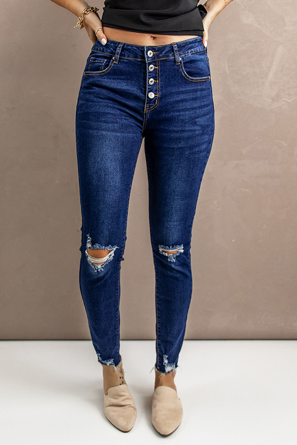 Baeful Distressed Button Fly Skinny Jeans Trendsi