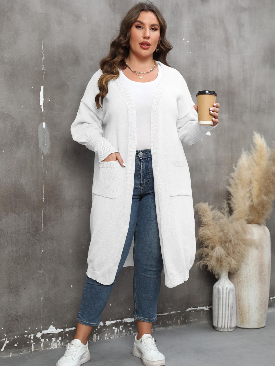 Plus Size Long Sleeve Pocketed Cardigan Trendsi
